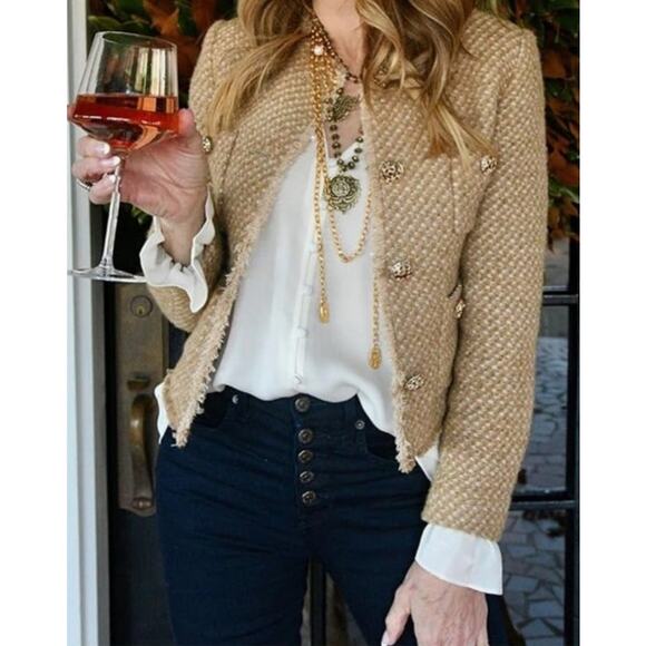 Source Unknown Jackets & Blazers - Tan & Gold Cropped Preppy Tweed Blazer Jacket with Gold Buttons